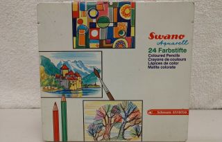 Very Rare Vintage Schwan Stabilo 24 Aquarell Color Pencils Tin Set Germany 3