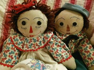 Antique Early Vtg Old Primitive Cloth Rag Doll Pair 1940 
