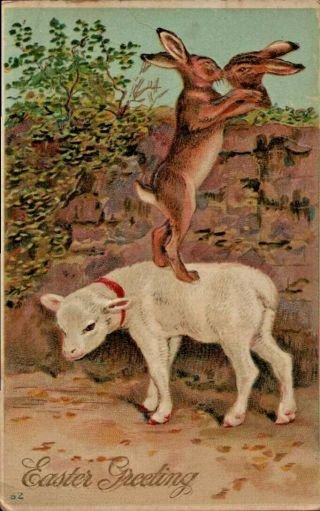 Antique Postcard Easter Greeting Fantasy 2 Rabbits Kissing Lamb Emb Texture