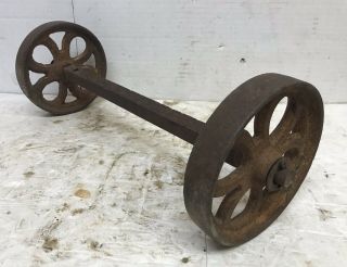 2 Antique 6” Cast Iron Wheels W/ Axle Industrial Steampunk Hit Miss Farm Cart