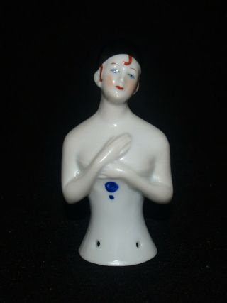 Antique Art Deco German Porcelain Pincushion Half Doll Flapper Blue Dot Slip