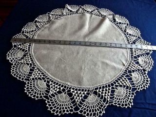 Antique 28 " Round Tablecloth Topper Flax Linen Center Of - White Crochet Lace Trim