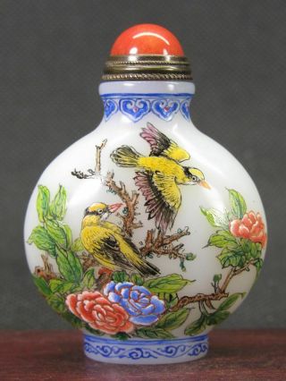 Chinese Flower Bird Hand Painted Peking Enamel Glass Snuff Bottle