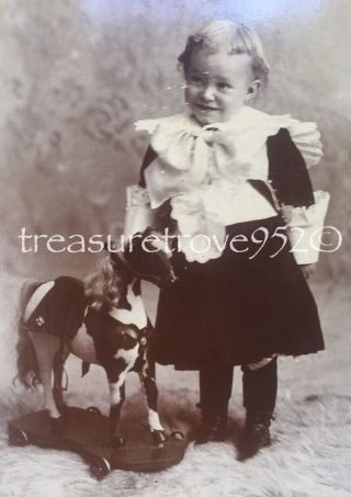 Antique Victorian 1800s Cabinet Photo Card Girl German Toy Horse Pull Toy
