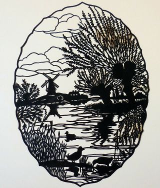 German Scissor Cut Silhouette - Ducks In Pond W Windmill - Scherenschnitte C1900