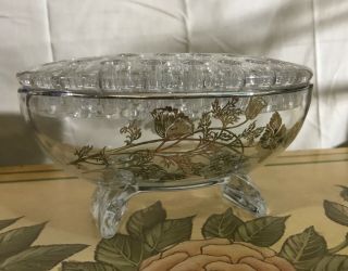 Rare Vintage Crystal Flower Frog Oval Dish W/ Sterling Silver Flower Motif