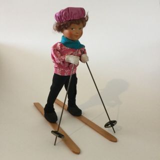 Antique Vintage Adorable Girl Skiing On Wood Wooden 9” Skis Scandinavian - Cute