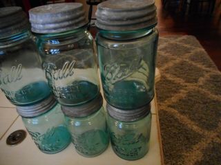(6) Antique Pint Aqua Blue Ball Mason Canning Jars w/ Zinc Lids - 1923 - 1933 2
