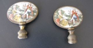 Two Antique Hand Painted French Porcelain Lamp Finials Double Sided Brass Mounts