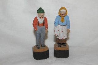 German Austrian? Folk Art Carved Wooden Figurines Old Man & Woman Small 3.  5 "