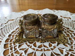 Antique Victorian Ornate Pressed Metal Double Ink Well