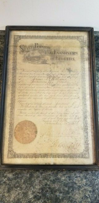 Antique Certificate Florida State Board Of Law Examiners 1926 Jacksonville Fl