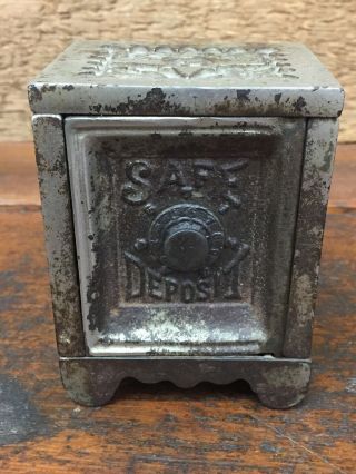 Antique 1897 J E Stevens Cast Iron Safe Deposit Coin Bank - Nickel Plated