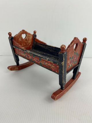 Vintage Folk Art Wooden Hand Painted Doll Cradle Fits 7 " Doll And Under