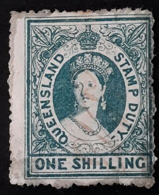 Rare 1866 - Queensland Australia 1/ - Blue Green Large Chalon Head Stamp Duty