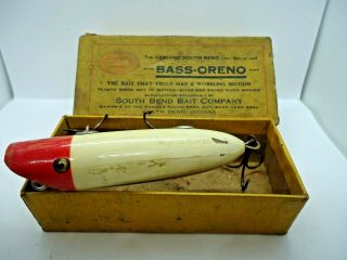 Antique Vtg Wood Fishing Lure South Bend Bass Oreno W Box 3 Hook Glass Eyes Look