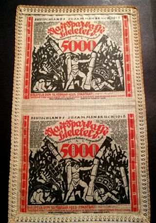 Rare Germany Bielefeld Leinen Fabric Silk 5000 Marks 1923 Uncut Banknote Exc