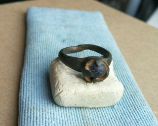 Ancient Viking Old Bronze Ring With Blue Glass Very Rare