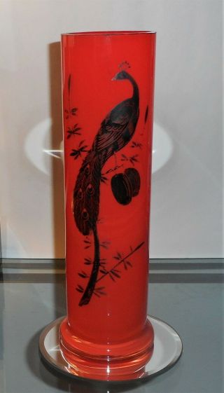 Antique Signed Czech 10 " Tomato Red Vase With Silver Overlay Peacock Art Deco