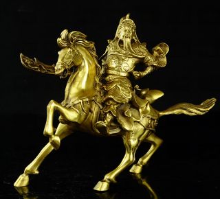 Chinese Folk Myth Brass Soldier General Guan Gong Guan Yu Ride Horse Statue E02