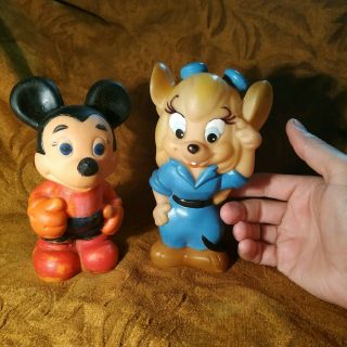 Set Of 2 Vintage Rare Rubber Toys - Mickey Mouse And Mouse Girl Pilot