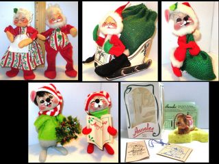 7 Vintage Annalee Mobilitee Christmas Mice/cheese/santa Mrs Claus/sleigh/caroler