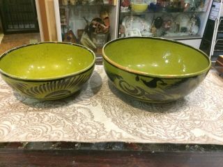 Vintage Mexican Folk Art Pair Green Pottery Mixing Bowls Bowl