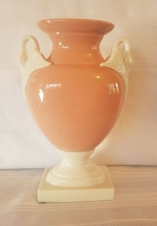 Rare Vintage Lenox Trophy Vase Coral With Ivory Swan Handles Green Backstamp