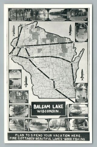 Balsam Lake Wisconsin Rppc Rare Vintage Map Photo Postcard—fishing Vintage 1940s