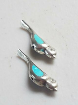 Antique Native American Solid Sterling Silver Turquoise (2) Bird Beads