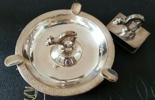 Osp 40g Silver Plate Cat Ashtray And Matchbox Cover Norway Vintage