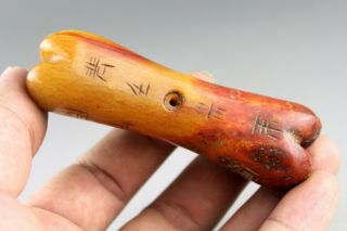 3.  5  Chinese Hand - Carved Ritual Totem Bone Shape Old Yellow Jade Pendant 1025
