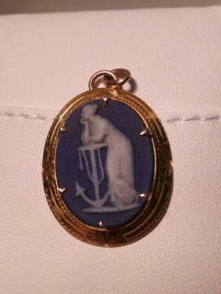 Antique Wedgwood Jasperwear Blue Cameo Woman W/anchor 10k Gold Pendant