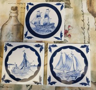 3 Vintage Hand Painted Blue & White Ceramic Tiles Delft Style Sailing Ships