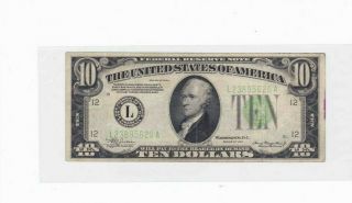 Rare 1934 $10 Dollar Bill Light Green Seal Federal Reserve Note San Francisco
