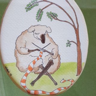 Vintage Watercolor Painting " Sheep Knitting Scarf " Knitter Art Framed