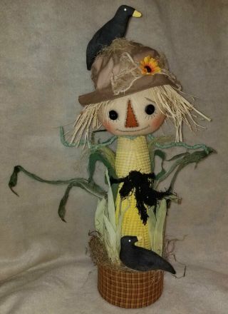 Handmade Primitive Scarecrow Cornstalk Doll With Crows - Fall Centerpiece 3