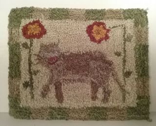 Hand Made Artist Folk Art Miniature Cat W/ Red Floral Hooked Silk Rug Doll House