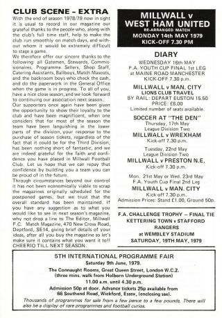Millwall V West Ham Rare Single Sheet 14/5/79 Div 2