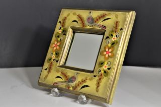 Vintage Mexican Hand Painted Wood 8 " Square Mirror Folk Art Birds & Flowers