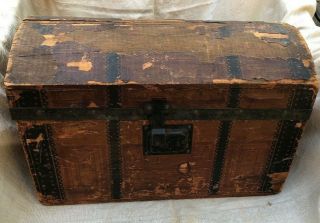 Antique Small Domed Wooden Paper Covered Travel Trunk With Tray