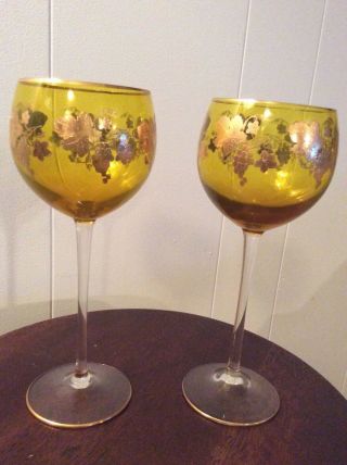 Antique 2 Ornate Bohemian Moser Art Wine Glass Amber Wine Glass Gold Grape Vine