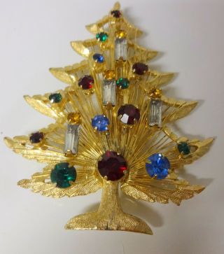 Vintage Signed Brooks Christmas Tree Color Rhinestone Pin Brooch Rare