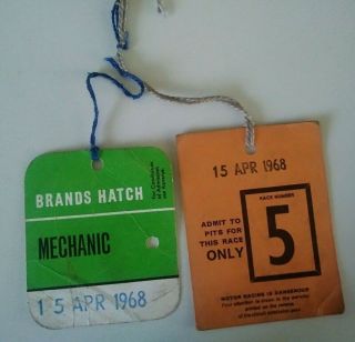 Vintage Motorsport Brands Hatch 15 April 1968 2 X Rare Pit Passes Badges Tickets