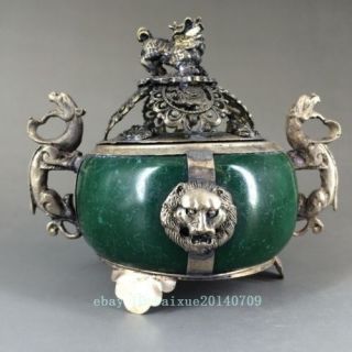 Collectible Decorated Old Jade& Tibet Silver Incense Burner B01