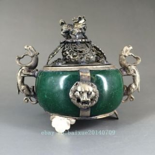 Collectible Decorated Old Jade& Tibet Silver Incense Burner b01 2