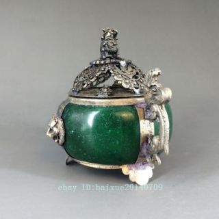 Collectible Decorated Old Jade& Tibet Silver Incense Burner b01 3