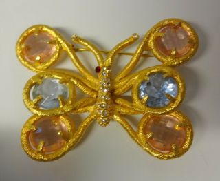 Vintage Signed De Nicola Butterfly Gold T Multicolor Rhinestones Pin Brooch Rare