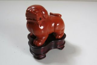 Small Chinese Hand Carved Stone Foo Dog On Wood Stand