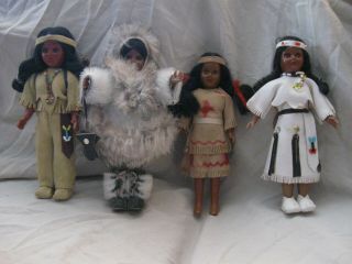 4 Vintage Native American Indian Carlson Dolls? Real Leather Fur Outfits 7 "